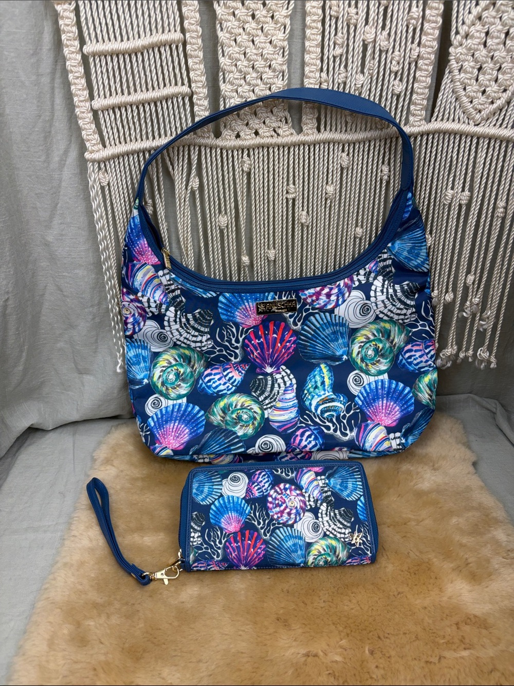 Anuschka Navy Sea Treasures Sling Hobo Bag
With Matching Zip Wallet